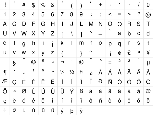 FreeSans Medium Character Map