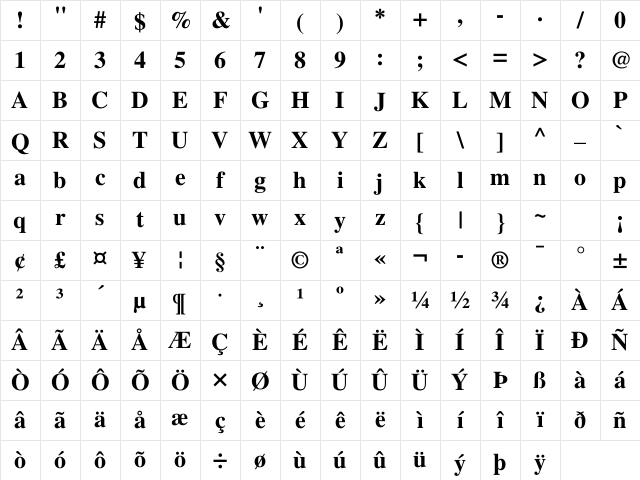 FreeSerif Bold Character Map