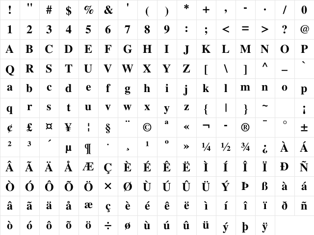 FreeSerif Bold Character Map