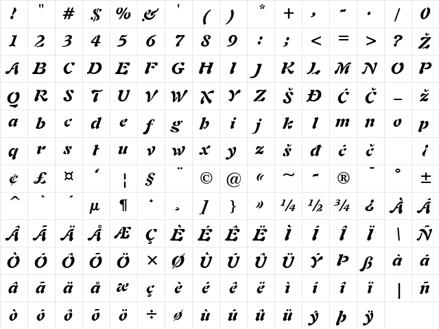 Freeform721Black Italic Character Map