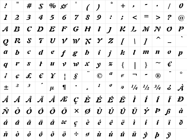 Freefrm721 Blk BT Black Italic Character Map