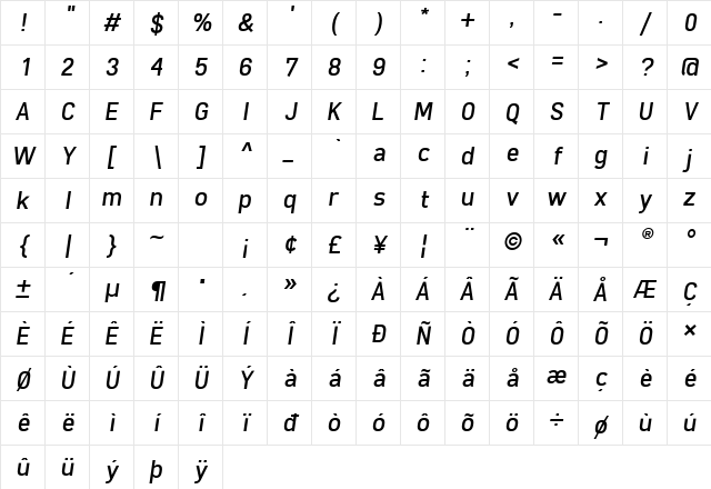 Freeroad Italic Character Map