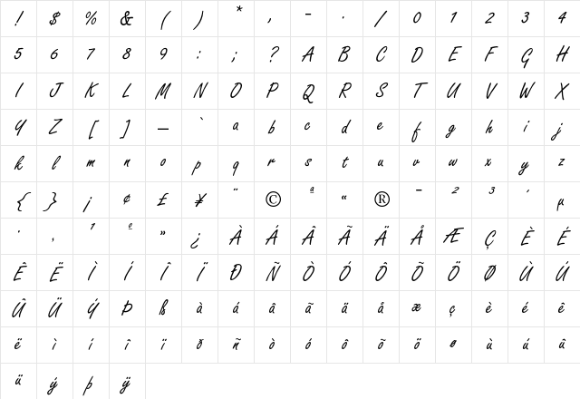 FreestyleScript Regular Character Map