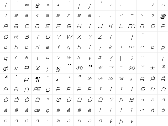 Frie Extra-expanded Italic Character Map