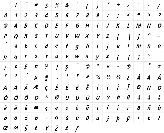 Frutiger Condensed Bold Oblique Character Map Frutiger Condensed Bold Oblique Character Map