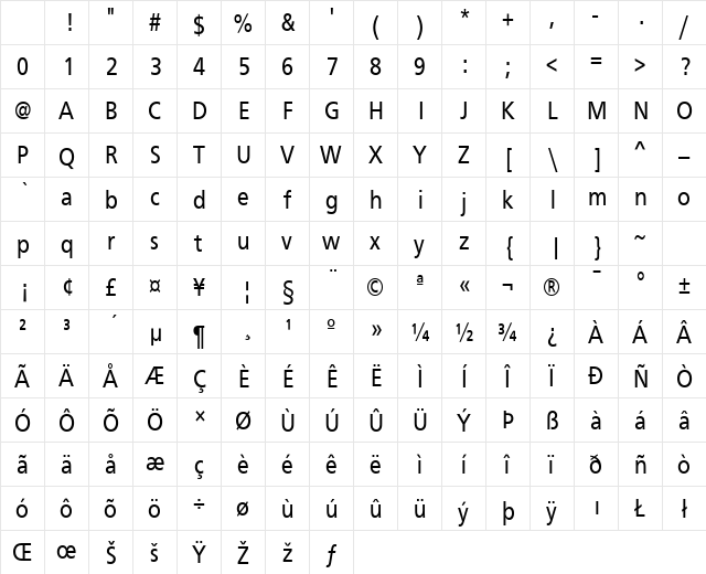 Frutiger Condensed Regular Character Map Frutiger Condensed Regular Character Map