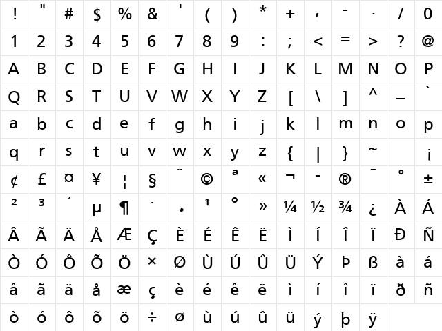 Frutiger LT Arabic 55 Roman Character Map