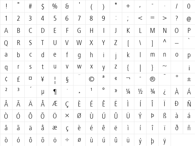 FrutigerNextLT Light Character Map