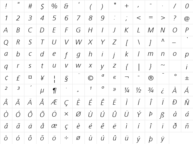 FrutigerNextLT Light Italic Character Map