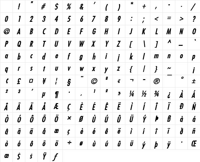 Fuji Bold Italic Character Map
