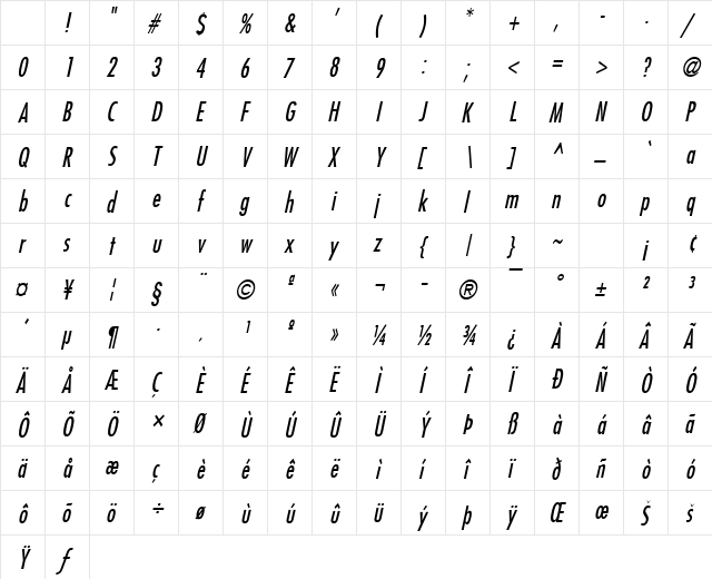 Fuji-Condensed Italic Character Map Fuji-Condensed Italic Character Map