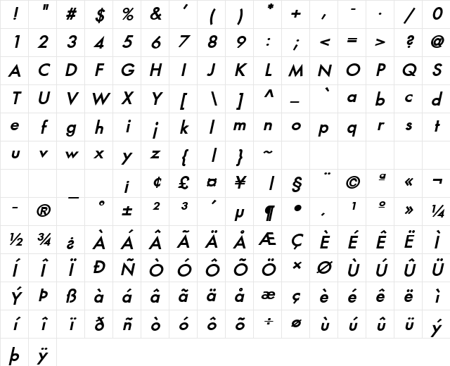 Fusi Bold Italic Character Map