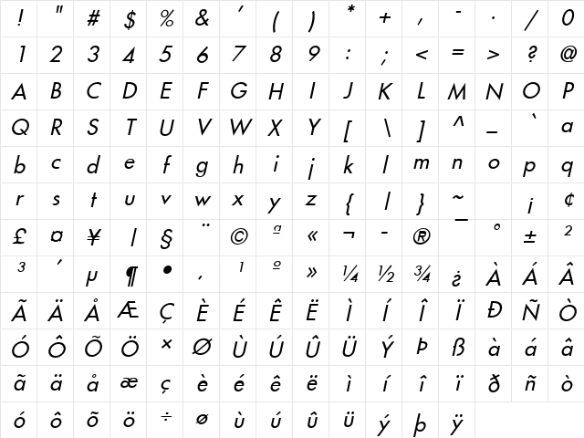 Fusi Italic Character Map