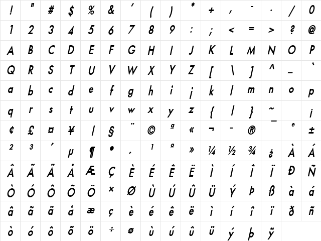Fusi-Condensed Bold Italic Character Map