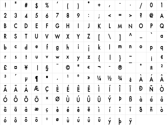 Fusi-Condensed Bold Character Map