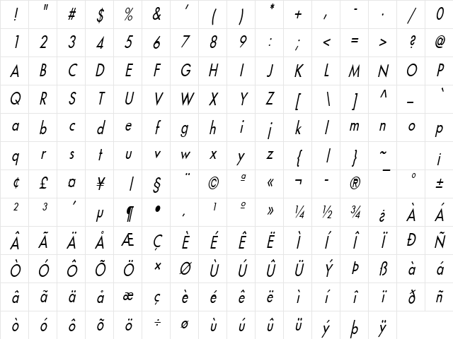Fusi-Condensed Italic Character Map Fusi-Condensed Italic Character Map