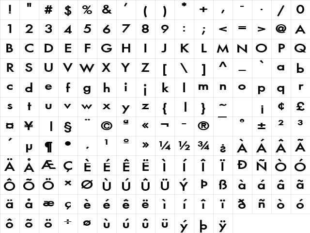 Fusi-Wide Bold Character Map
