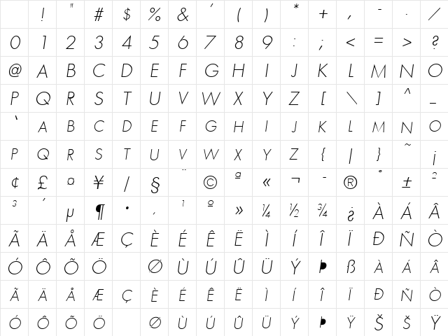FutenaExpLight Oblique Character Map