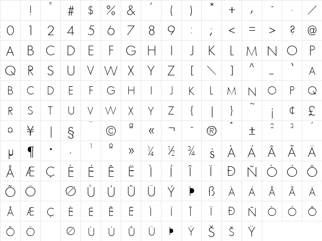 FutenaExpLight Normal Character Map