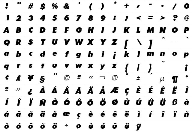 Futura ICG XBold Oblique Character Map