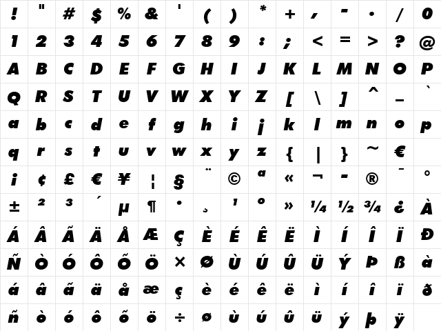 Futura XBlkIt BT Extra Black Italic Character Map Futura XBlkIt BT Extra Black Italic Character Map