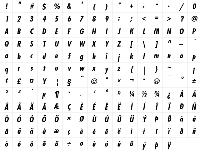 Futura Std Bold Condensed Oblique Character Map