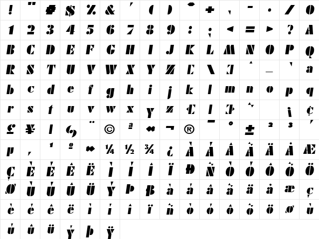 FutureBlack Oblique Character Map