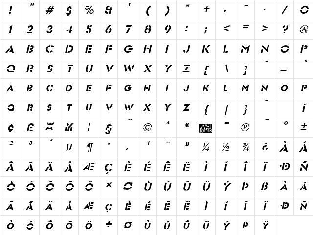 FuturistStencil Italic Character Map