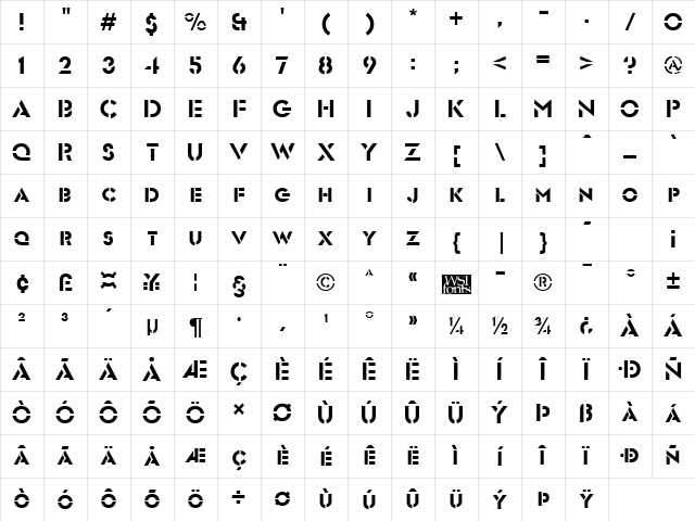 FuturistStencil Regular Character Map