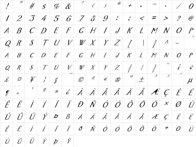 FZ BASIC 26 ITALIC Normal Character Map