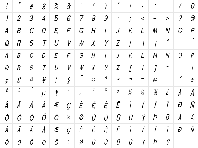 MetalcutCondensed Oblique Character Map