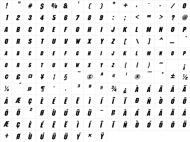 MetalEncasement Italic Character Map