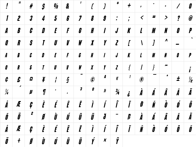 MetalEncasementCondensed Italic Character Map