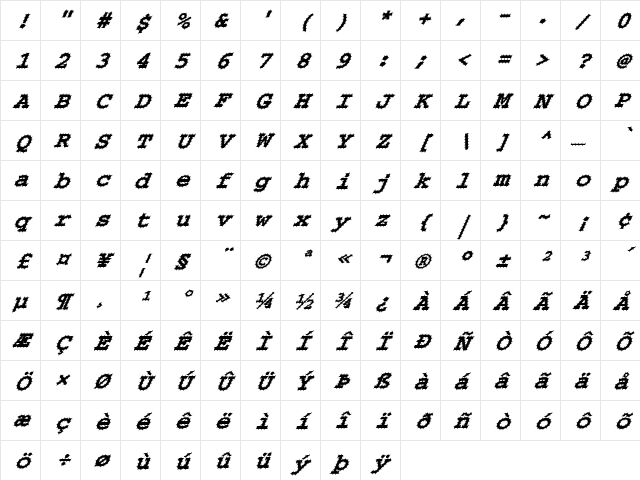 FZ BASIC 54 SPIKED ITALIC Normal Character Map FZ BASIC 54 SPIKED ITALIC Normal Character Map