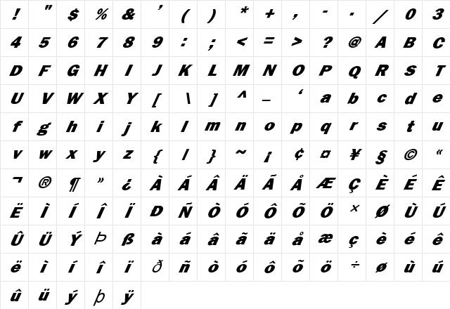 FZ BASIC 6 ITALIC Normal Character Map