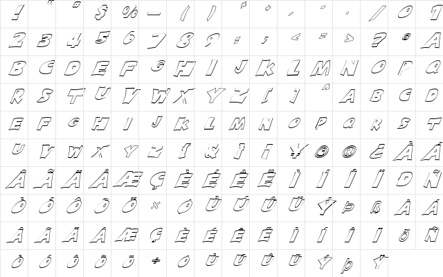 FZ JAZZY 10 HOLLOW ITALIC Light Character Map