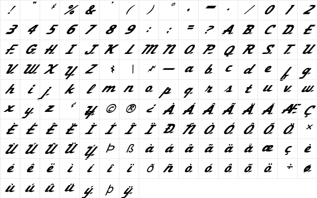 FZ JAZZY 58 ITALIC Normal Character Map