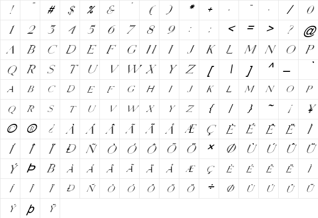 FZ OUTLINE 2 ITALIC Normal Character Map FZ OUTLINE 2 ITALIC Normal Character Map