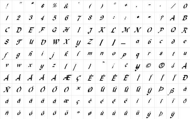 FZ SCRIPT 3 ITALIC Normal Character Map