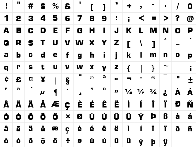 Metrostyle Bold Character Map