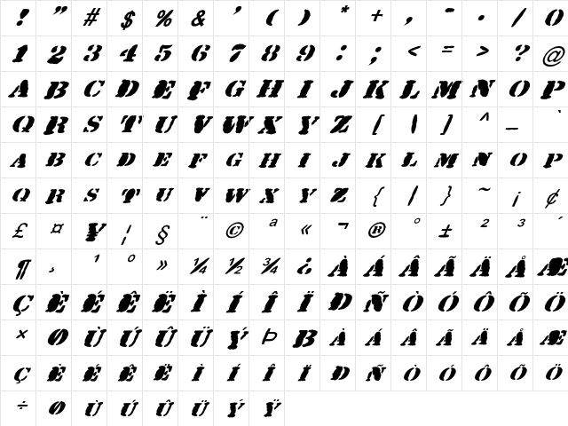 FZ UNIQUE 25 MANGLED ITALIC Normal Character Map