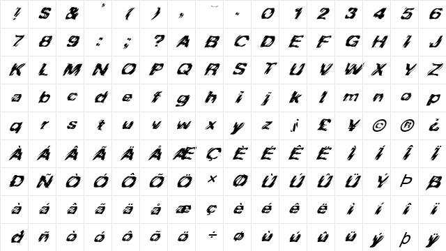 FZ WARPED 10 ITALIC Normal Character Map