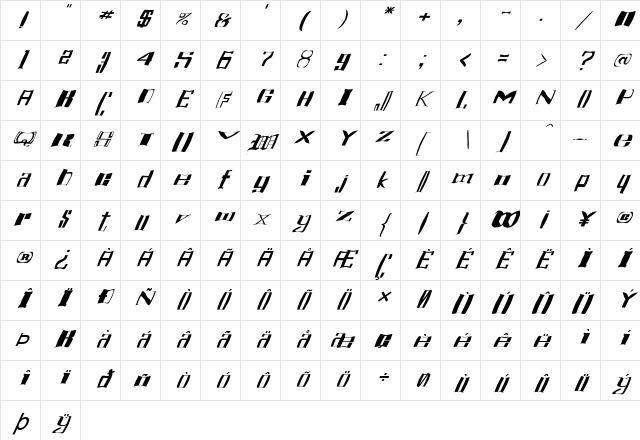 FZ WARPED 16 ITALIC Normal Character Map FZ WARPED 16 ITALIC Normal Character Map