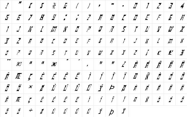 FZ WARPED 18 ITALIC Normal Character Map