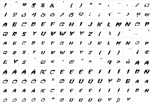 FZ WARPED 6 ITALIC Normal Character Map FZ WARPED 6 ITALIC Normal Character Map