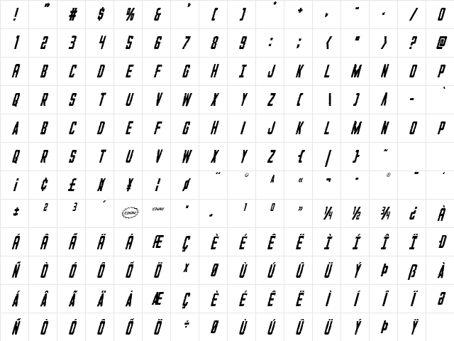 G.I. Incognito Condensed Italic Condensed Italic Character Map