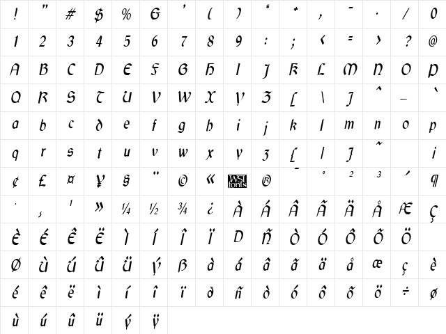 GaelicCondensed Italic Character Map GaelicCondensed Italic Character Map
