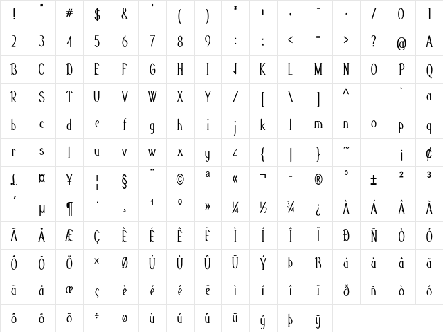Galavin Condensed Bold Character Map