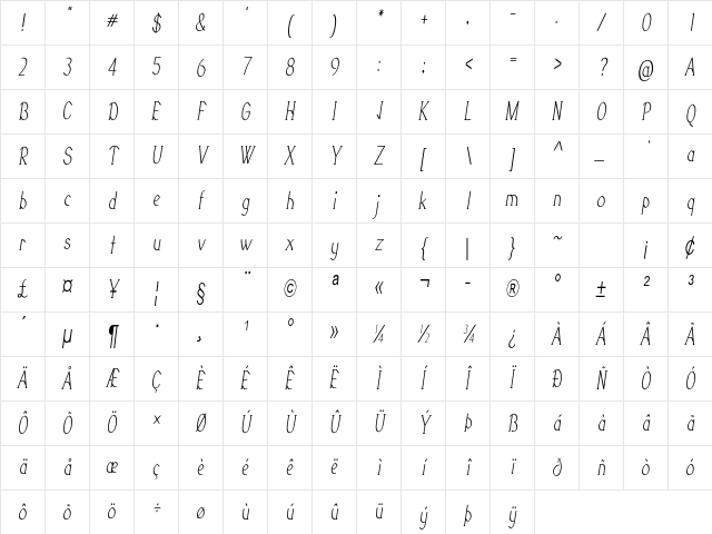Galavin Condensed Italic Character Map