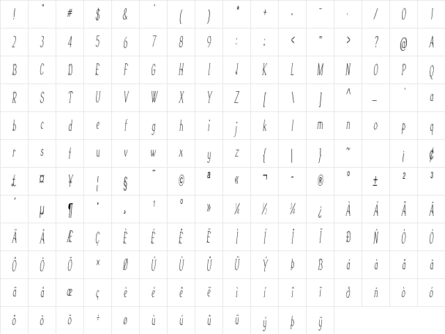 Galavin Extra-condensed Italic Character Map